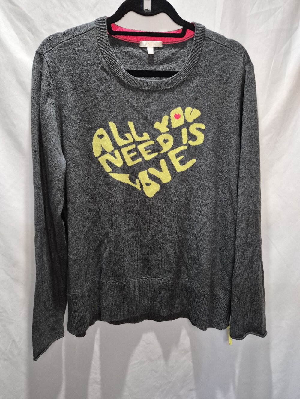 Lisa Todd XL Cashmere Blend All You Need Is Love Graphic Sweater Gray